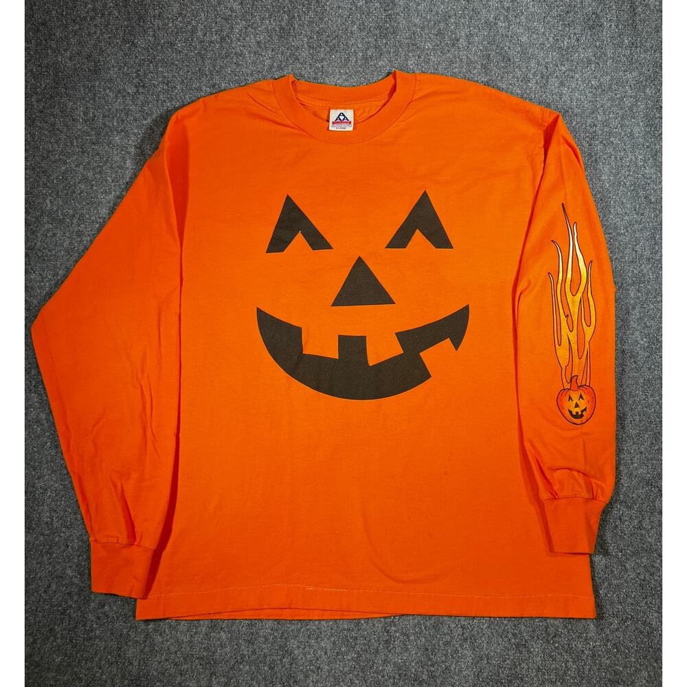 Vintage 90s Pumpkin Halloween Flame Long Sleeve Shirt XL Orange